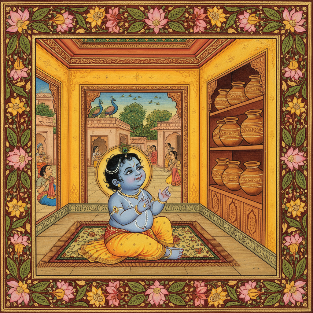 In the joyful village of Vrindavan, lived a mischievous little boy named Krishna