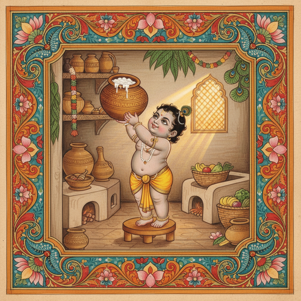 The Gopis, the village women, would hide their butter in high places, but Krishn