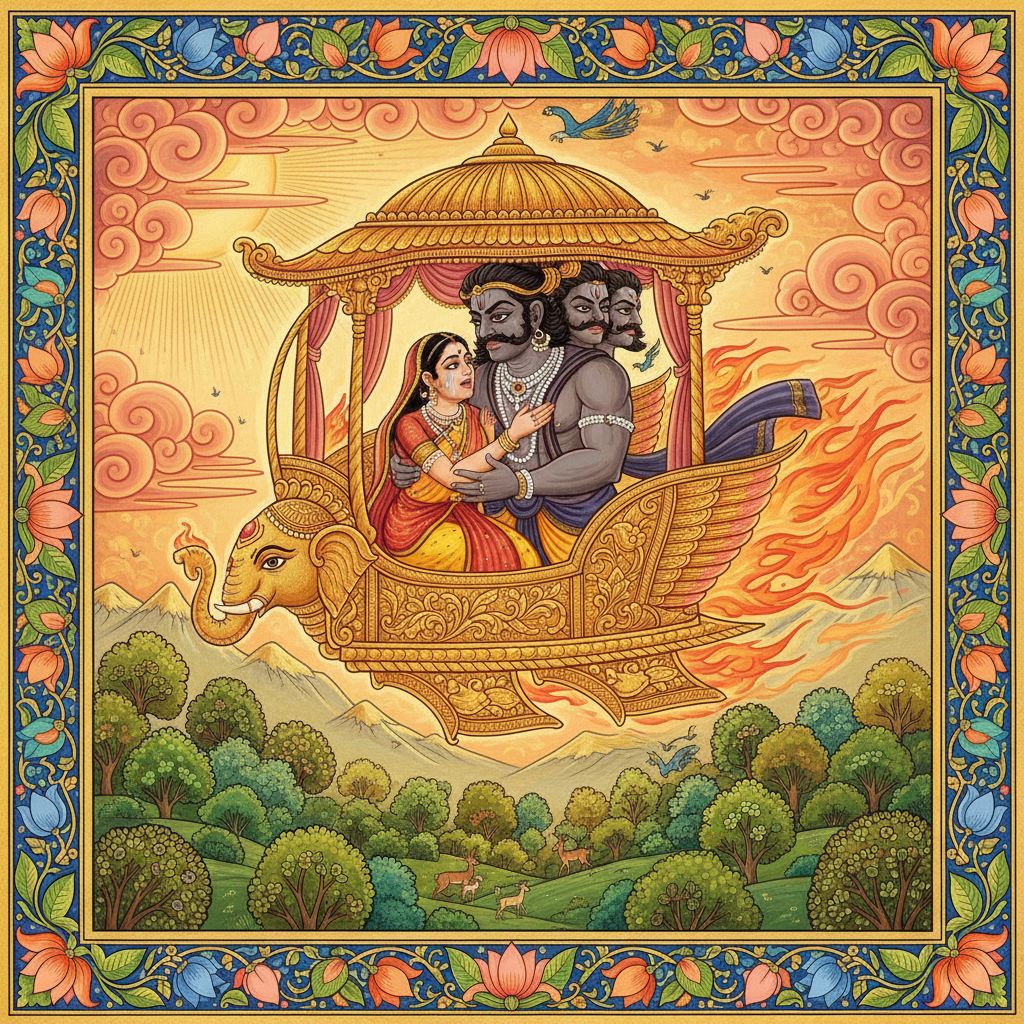 Ravana, the ten-headed king of Lanka, disguised himself and abducted Sita, carry