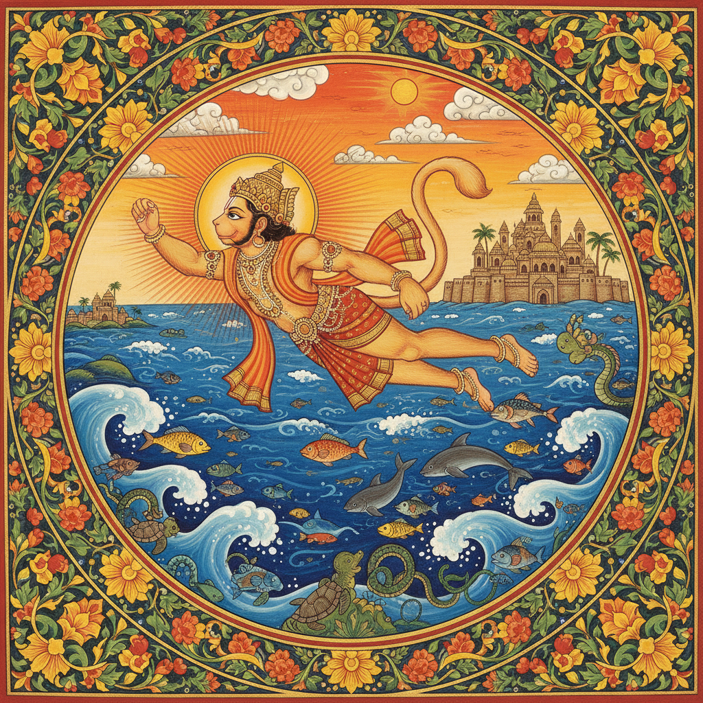 Hanuman, with his incredible devotion and strength, leaped across the vast ocean