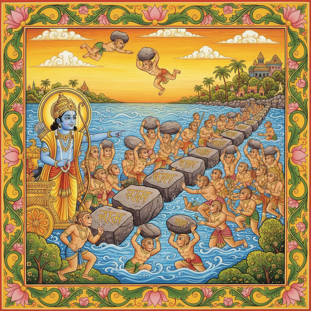 With the help of the Vanara army, guided by the architect Nala, a miraculous bri