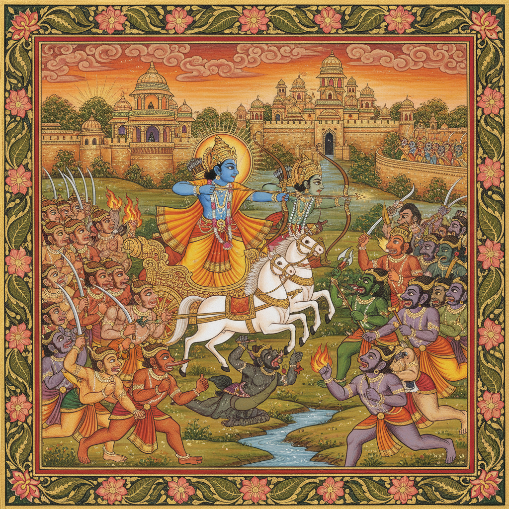 Upon reaching Lanka, a fierce and epic battle began between Rama's righteous arm
