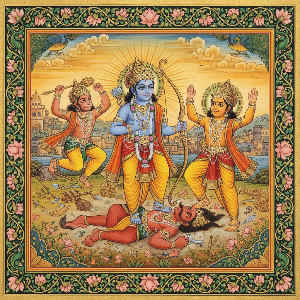 After a long and arduous battle, Rama, with his divine prowess, finally defeated