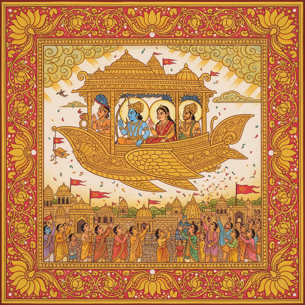 After their victory, Rama, Sita, and Lakshmana, along with Hanuman and the Vanar