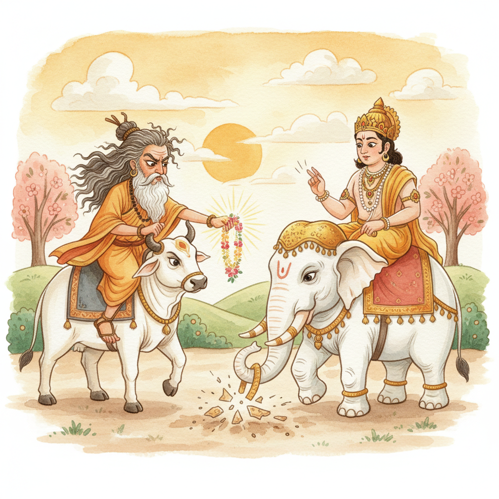 Sage Durvasa on a white bull offering a garland to Indra, whose elephant Airavata throws it on the ground