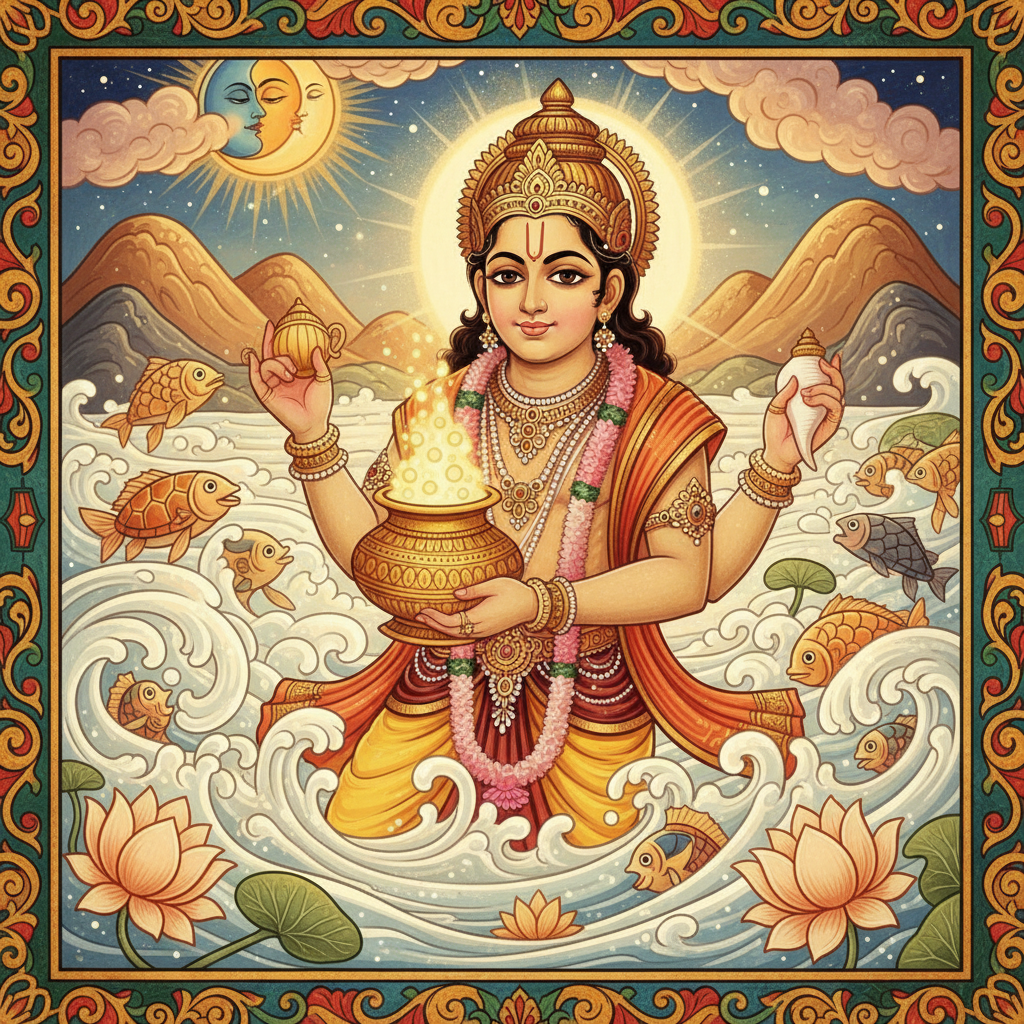 Dhanvantari emerging from the ocean holding a golden pot of Amrit, glowing