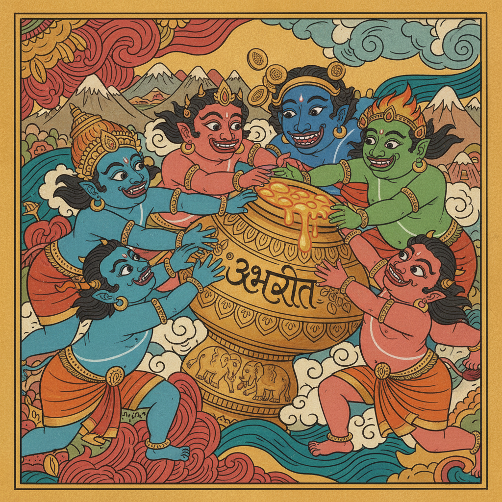 Asuras rushing toward the pot greedily