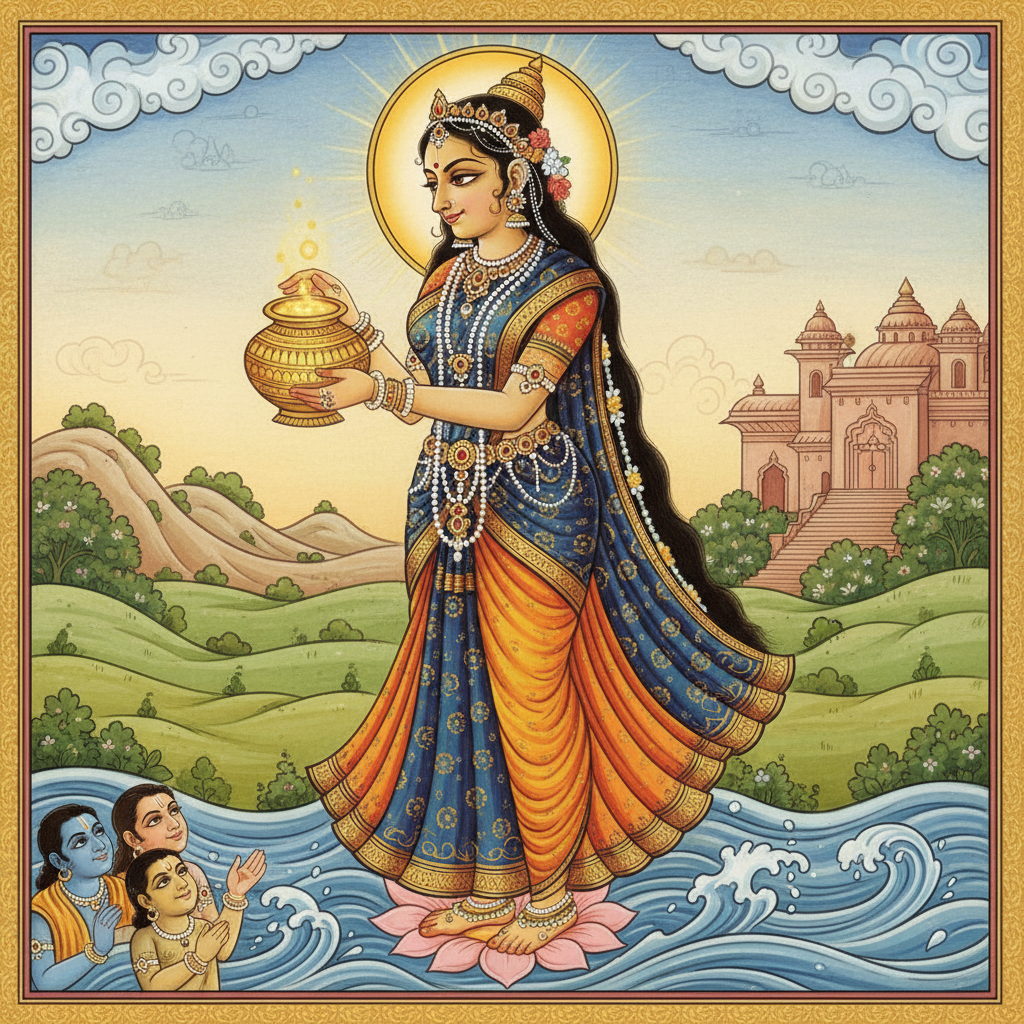 Vishnu transforms into Mohini — the most beautiful enchantress — holding the Amrit pot