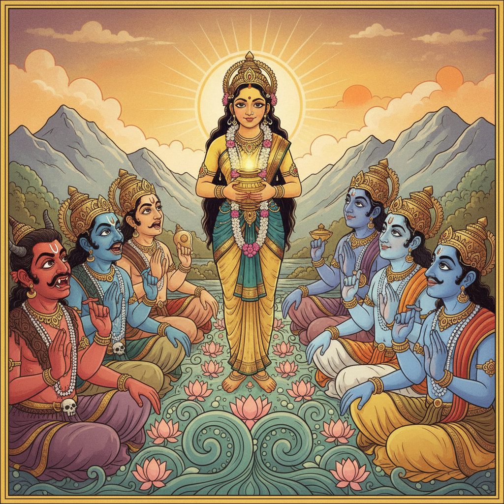 Asuras mesmerized sitting in a line, Devas on other side