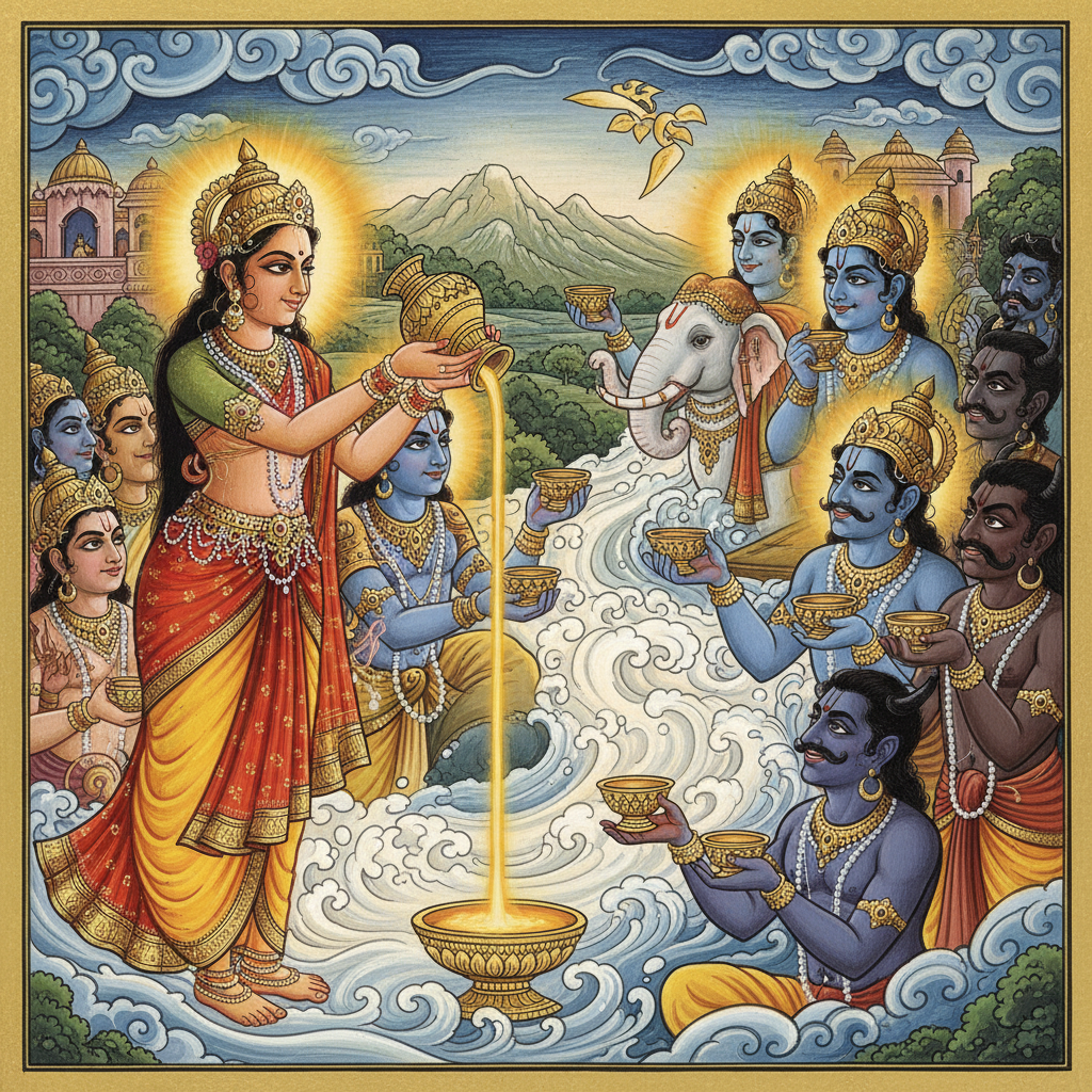 Mohini serving Amrit to the Devas while Asuras wait, Devas glowing with renewed power