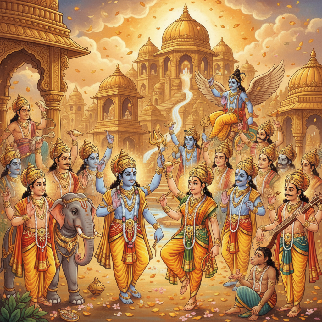 Devas celebrating, restored to full power, heavens restored