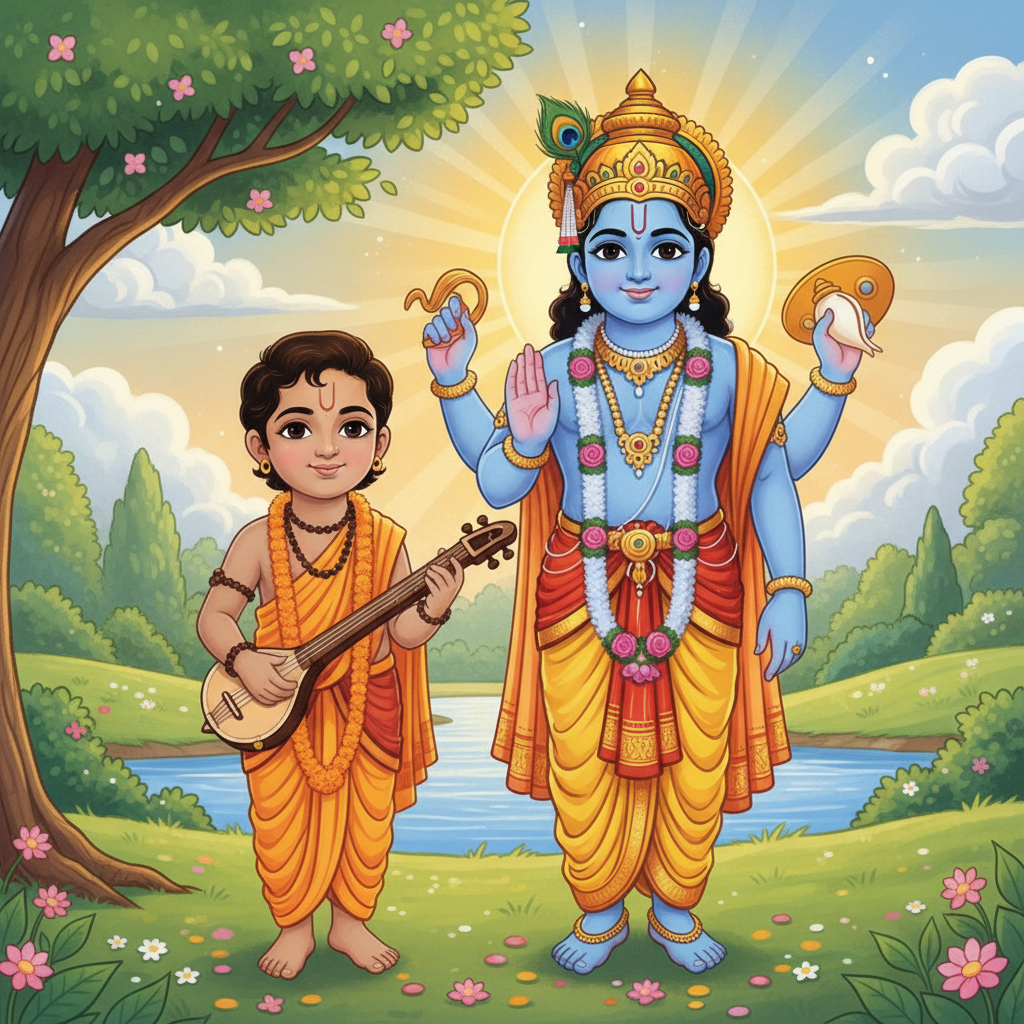 Narada and Vishnu looking at the viewer with a smile