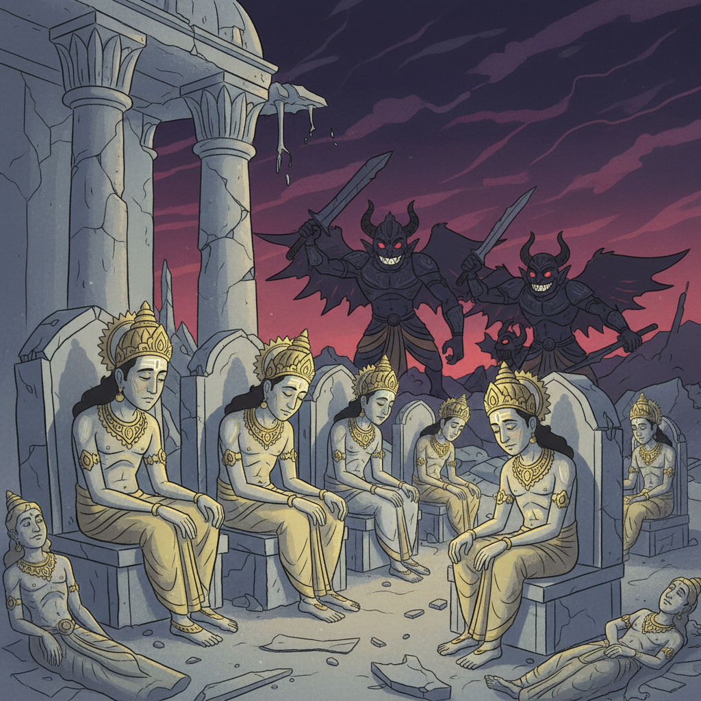 Devas looking weak, their divine glow fading, Asuras advancing