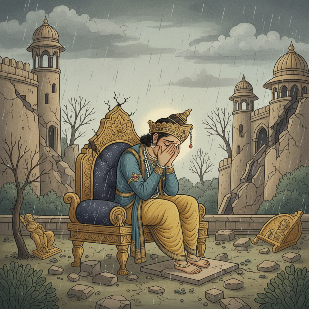 Indra looking dejected on a broken throne