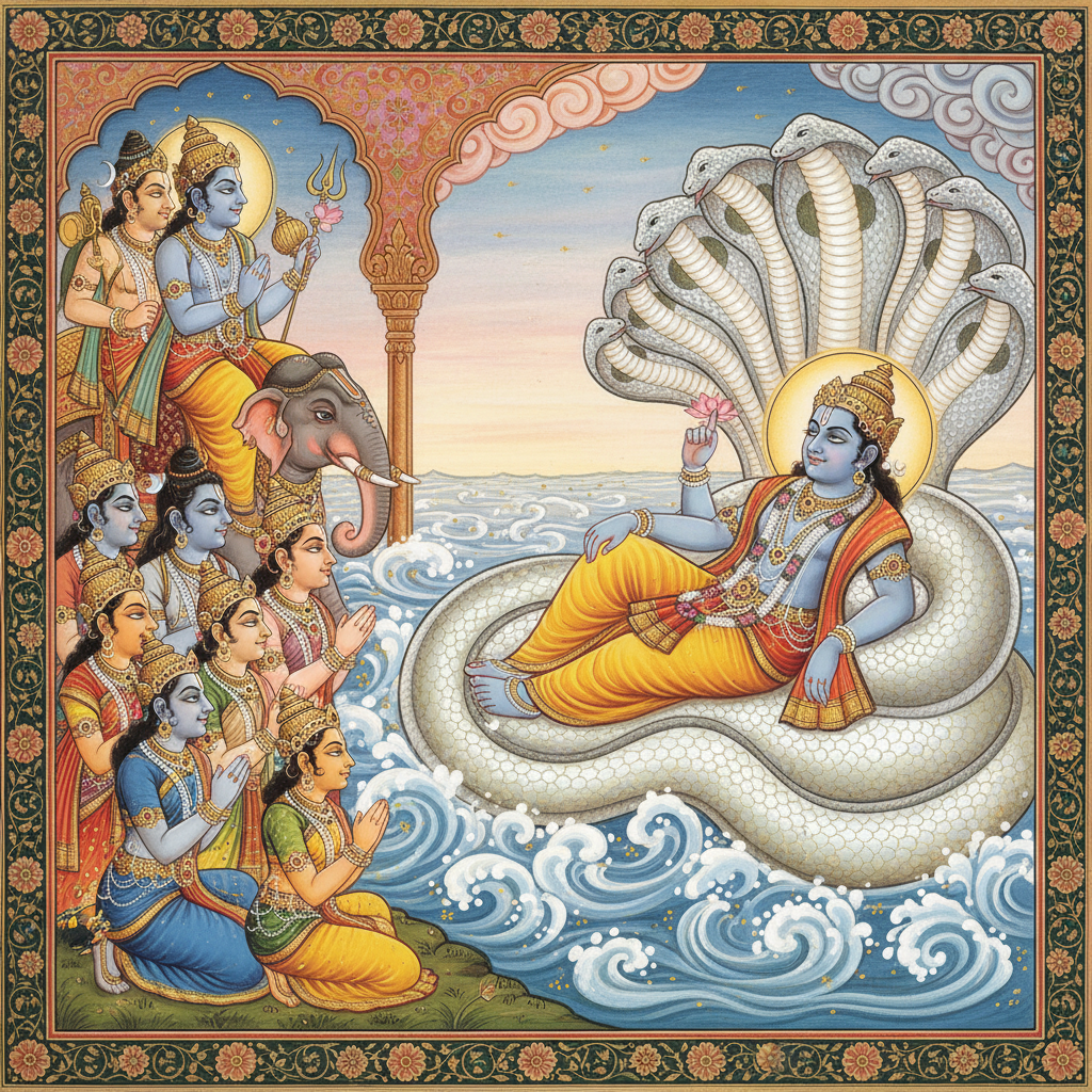 Devas approaching Lord Vishnu reclining on Shesha Naga in the cosmic ocean