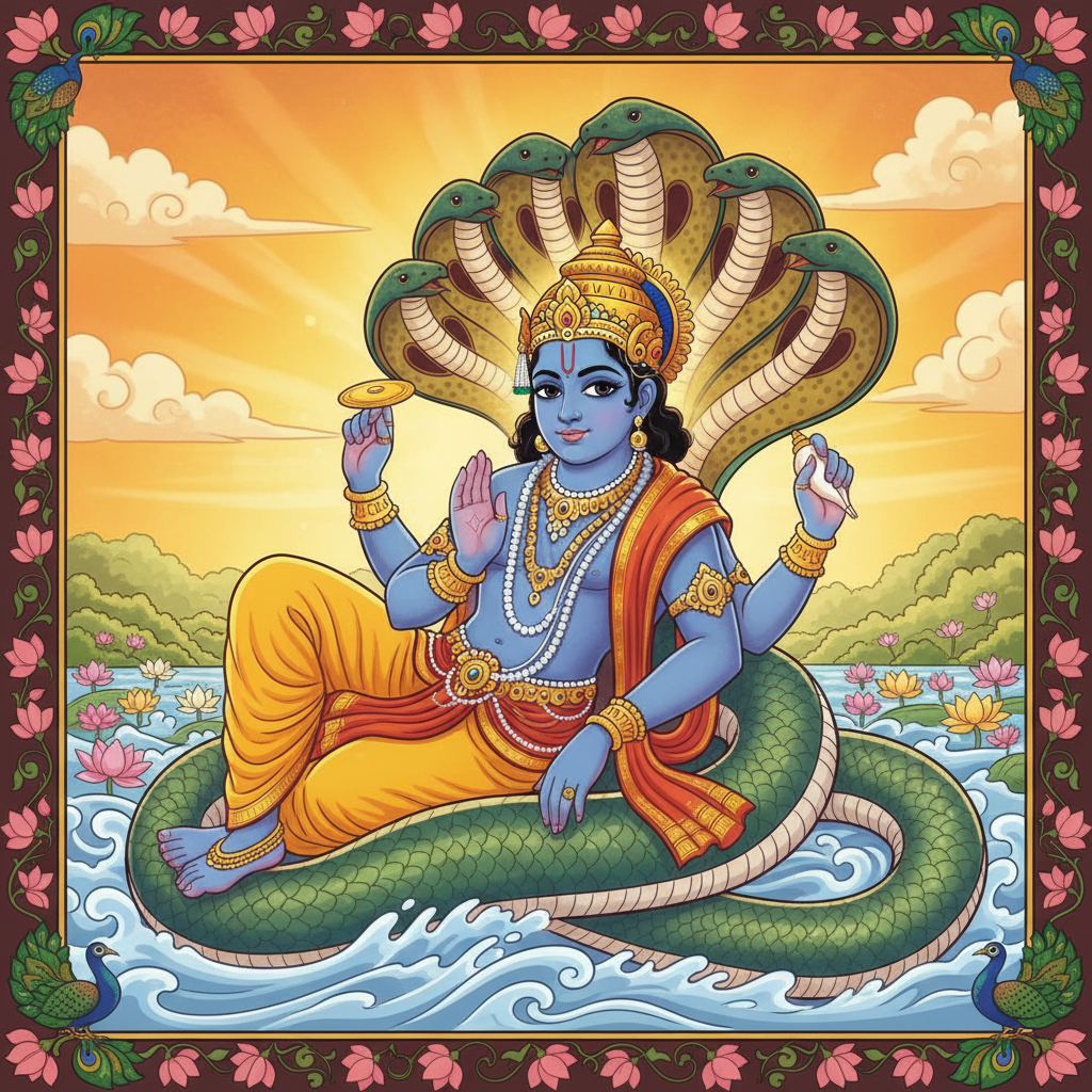 Vishnu sitting up with compassionate expression