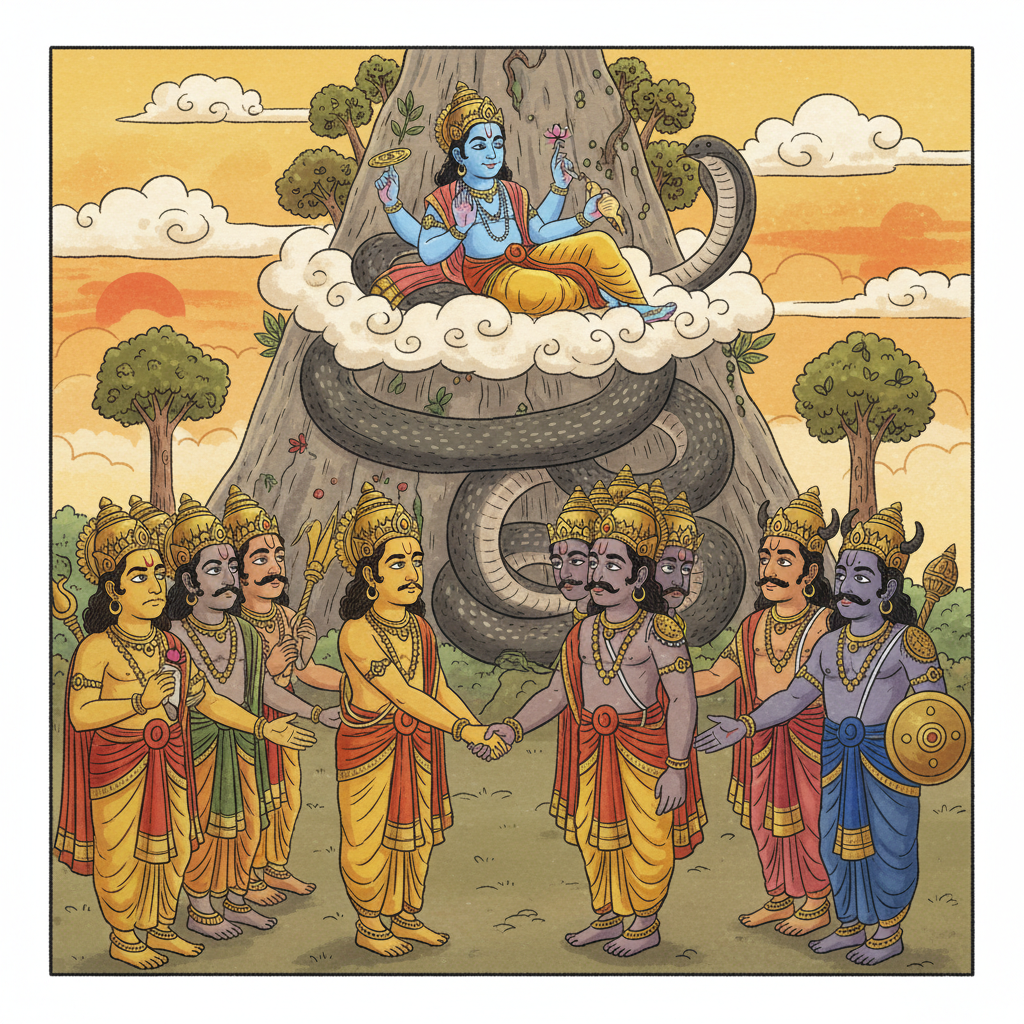 Devas and Asuras on opposite sides reluctantly shaking hands, Vishnu watching