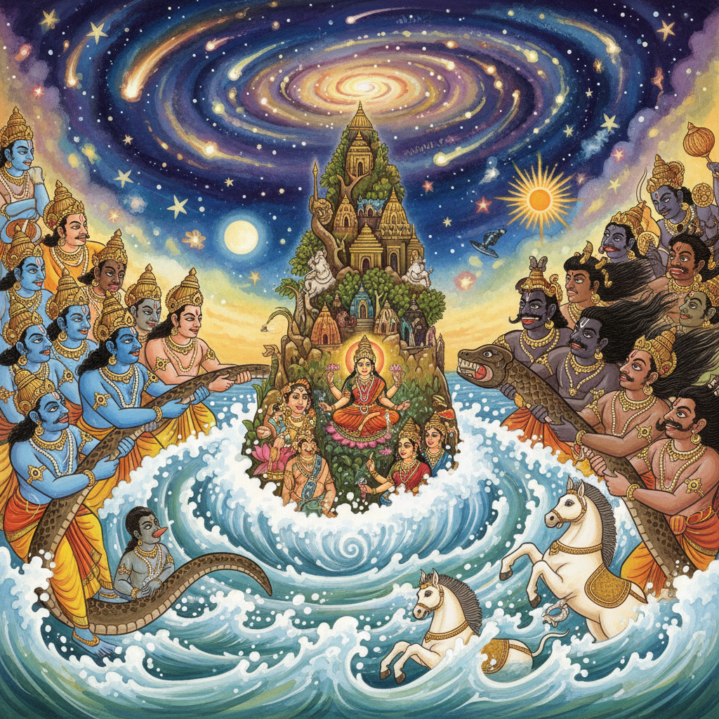 Epic scene — Devas pulling Vasuki's tail, Asuras holding the head, Mount Mandara in center, swirling ocean