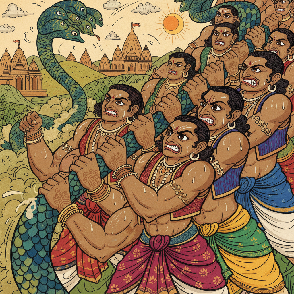 Close-up of hands pulling the serpent rope