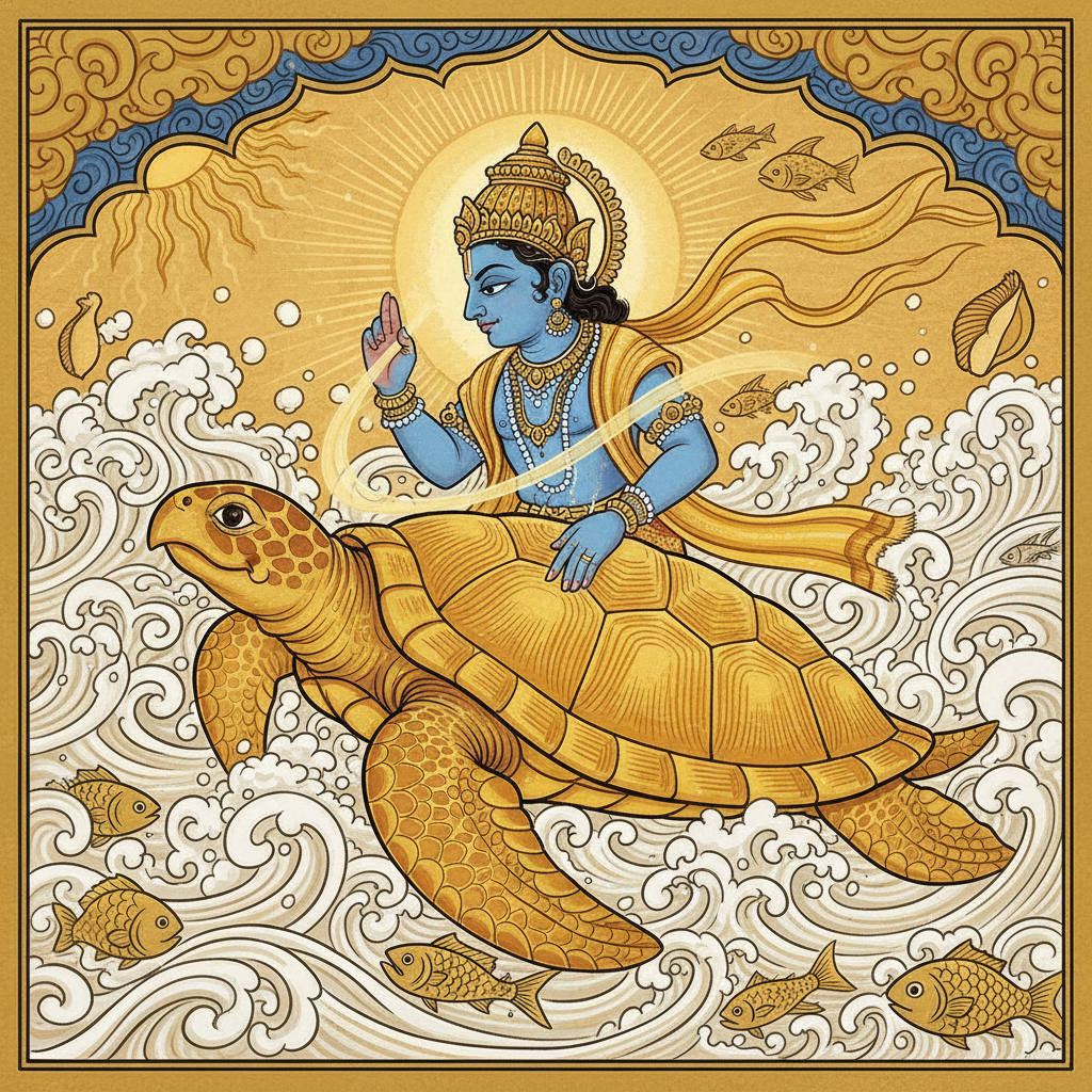 Vishnu transforming into a massive turtle (Kurma avatar) diving under the mountain