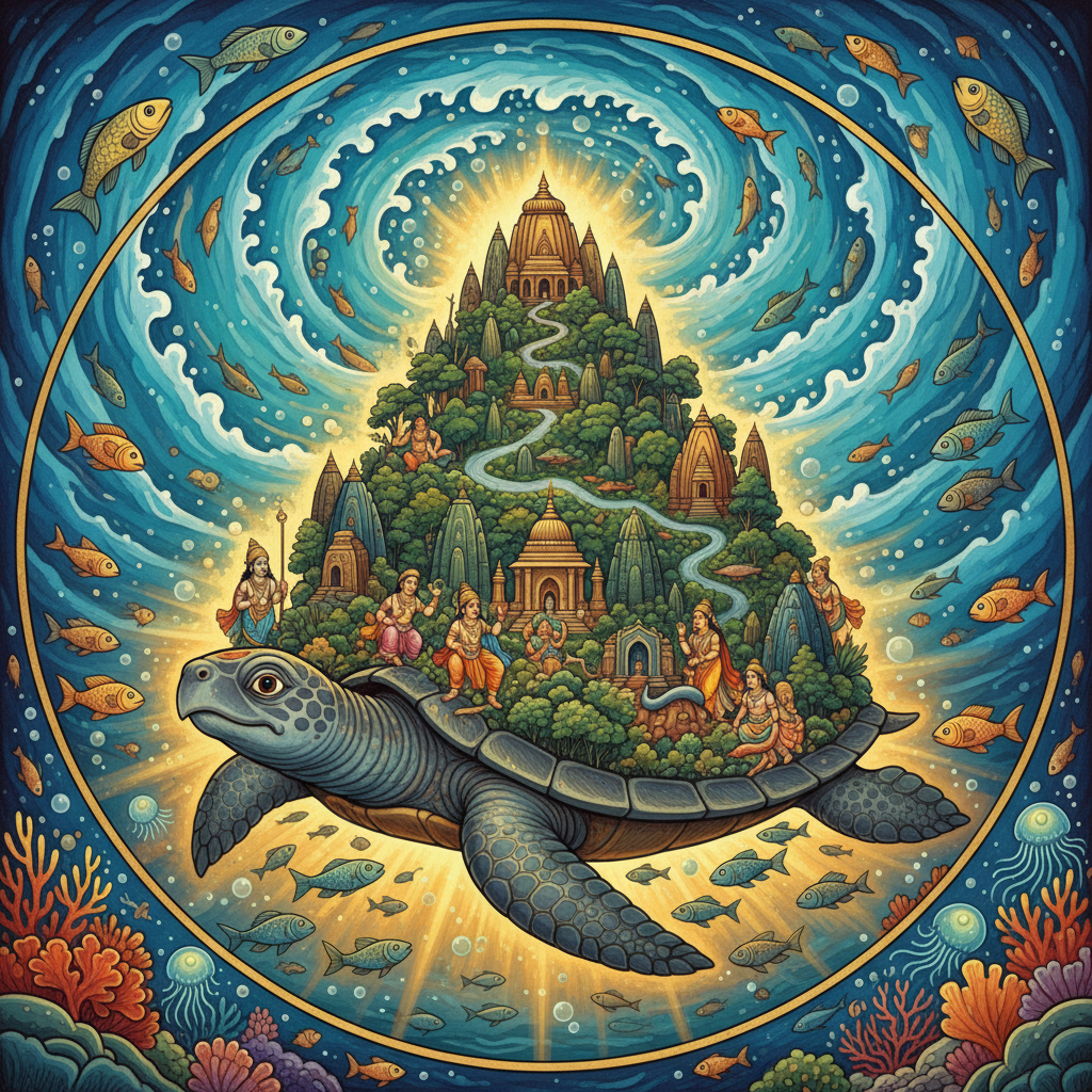 The turtle holding up the mountain from below, ocean swirling above