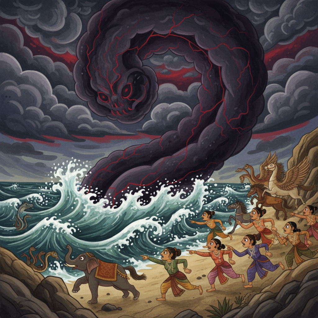 Dark terrifying poison cloud (Halahala) rising from the ocean, everyone running in fear