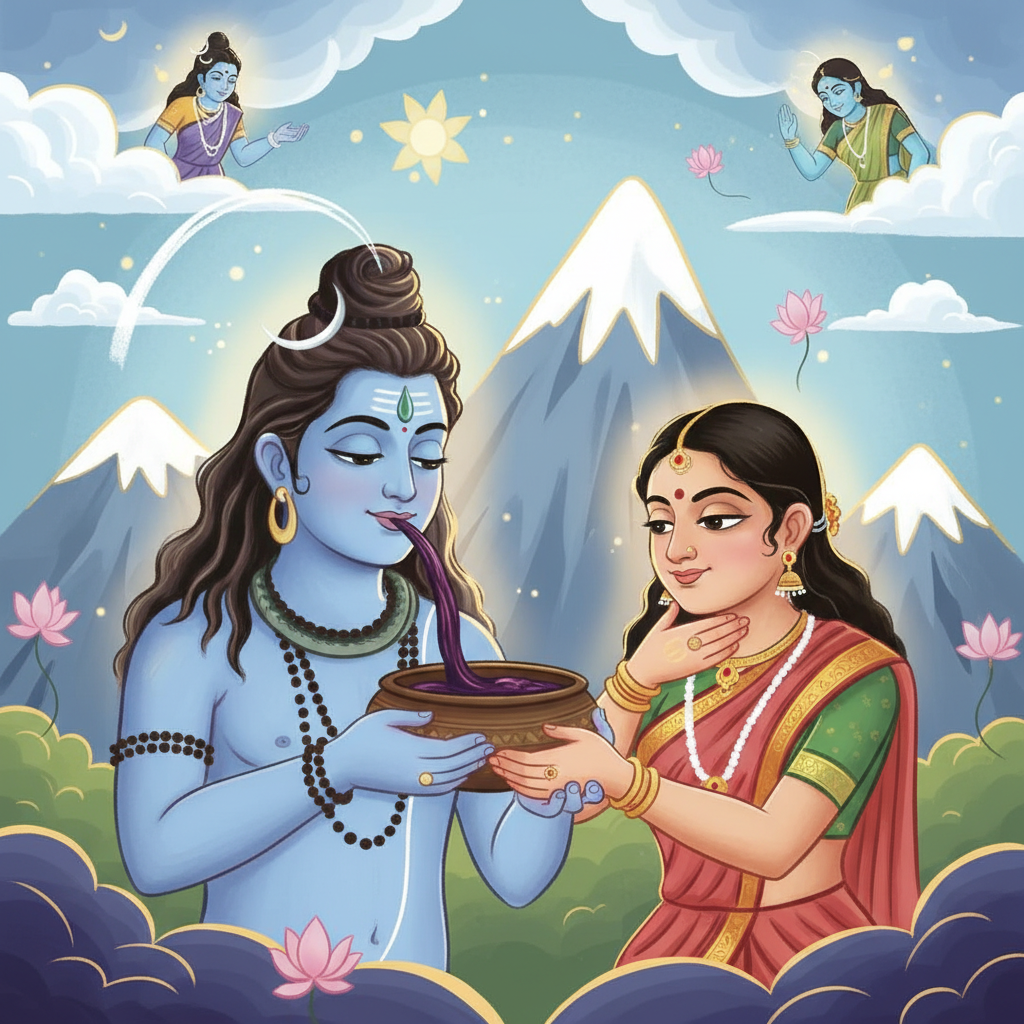 Shiva appearing calm and glowing blue, drinking the poison