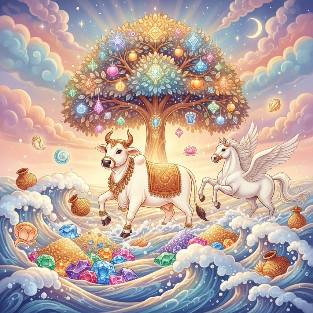 Glowing objects emerging from the swirling ocean — Kamadhenu, Kalpavriksha, gems