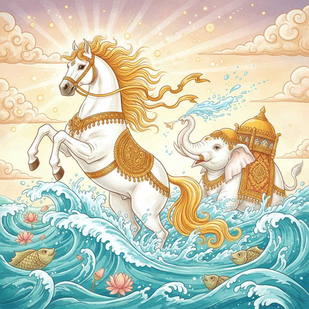 A divine horse (Uchhaishravas) leaping from the waves