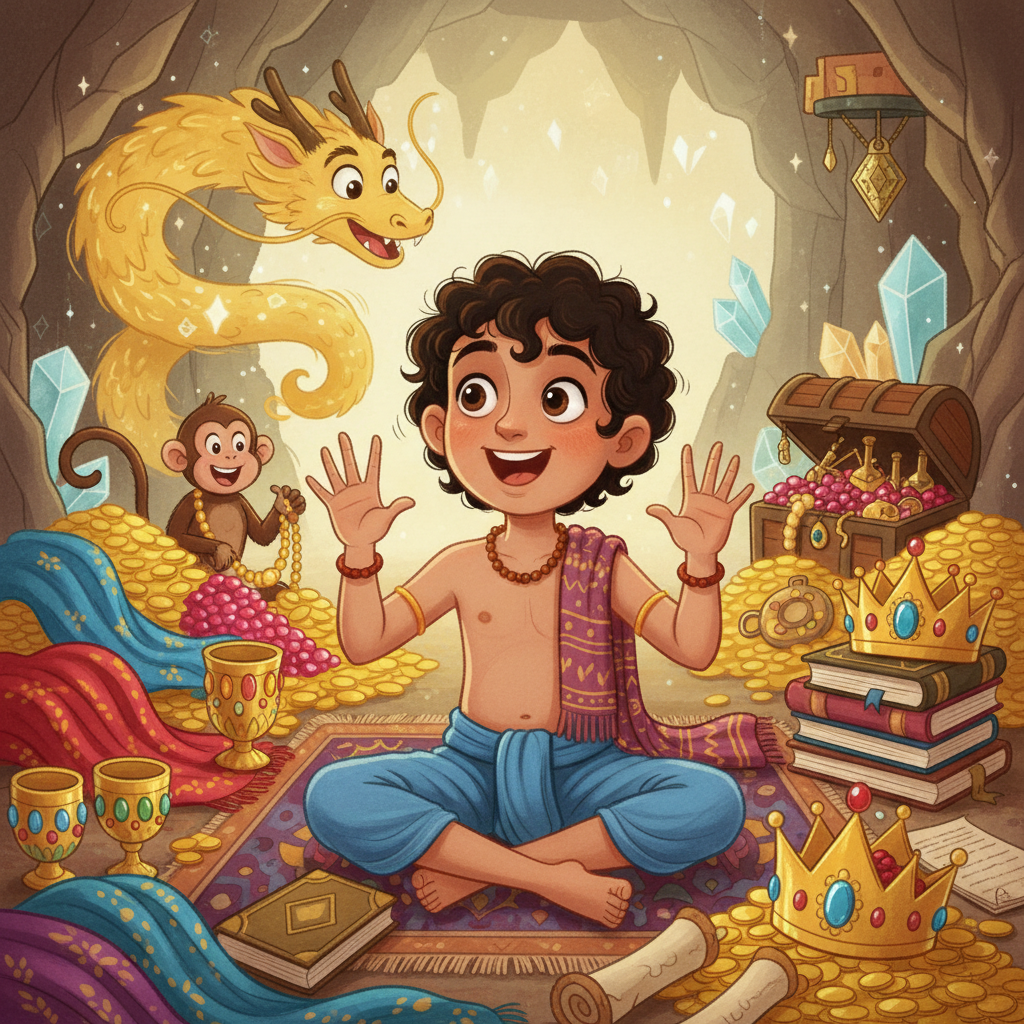 Narada counting on fingers, treasures glowing around