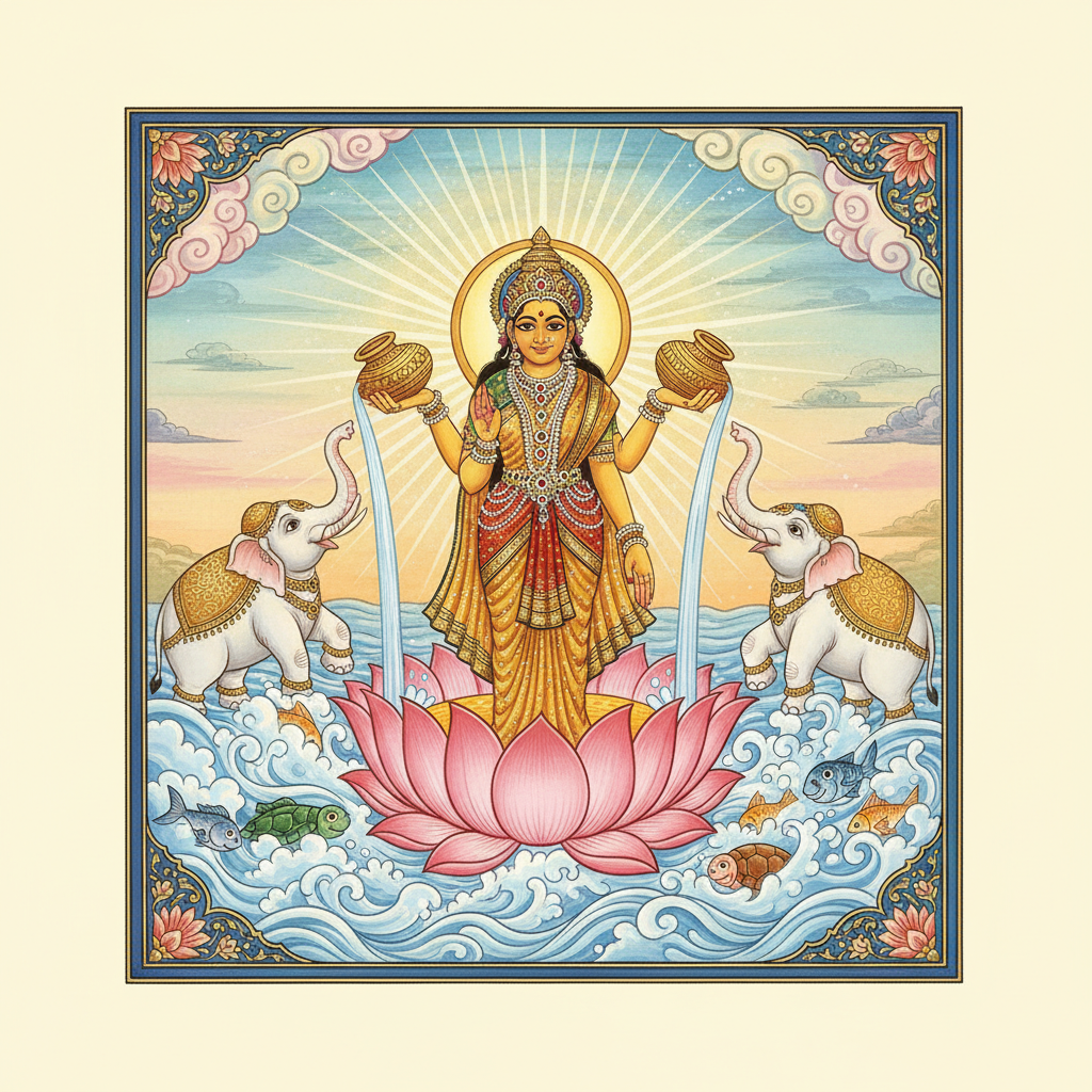 Lakshmi emerging from the ocean standing on a lotus, glowing, elephants showering her with water