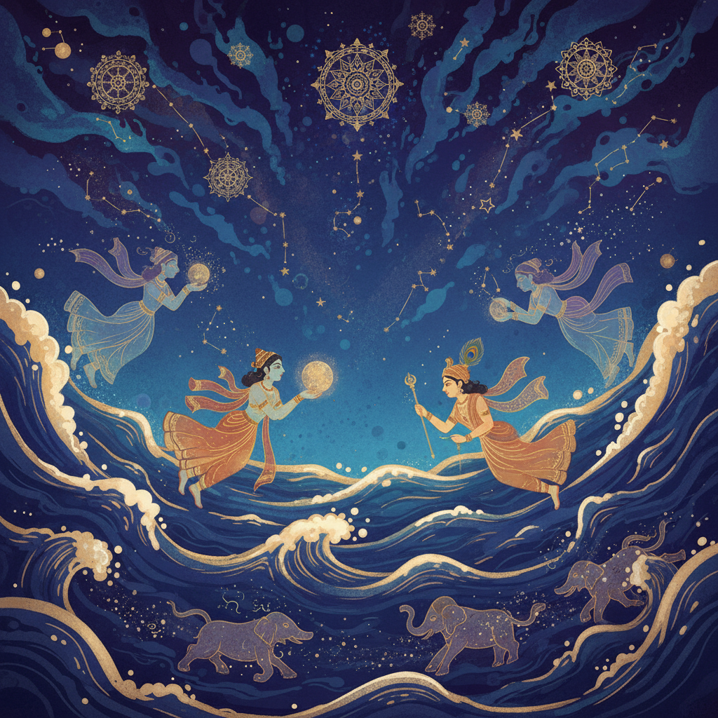 Cosmic dissolution - universe dissolving into dark ocean, stars fading