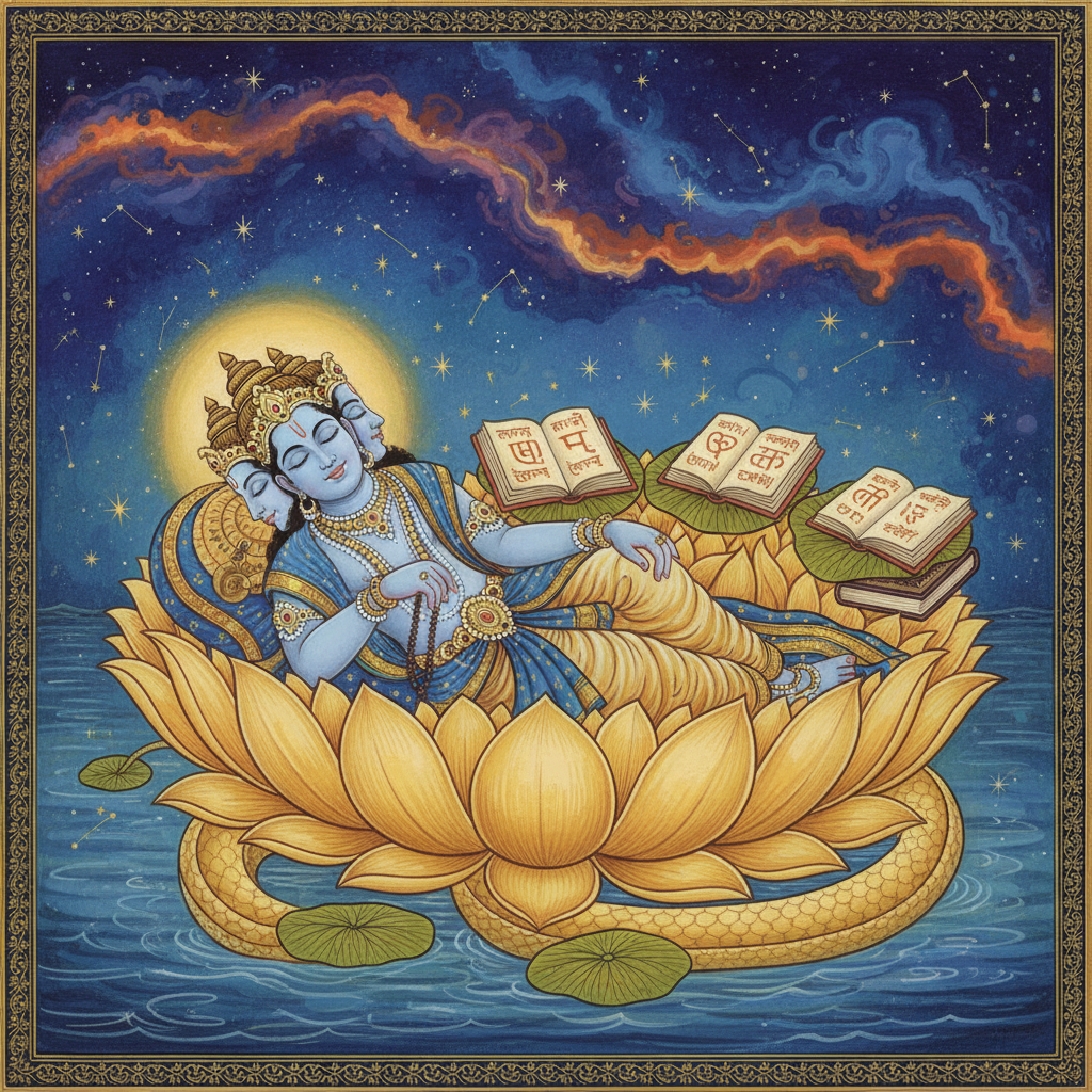 Brahma asleep on a lotus, Vedas glowing beside him