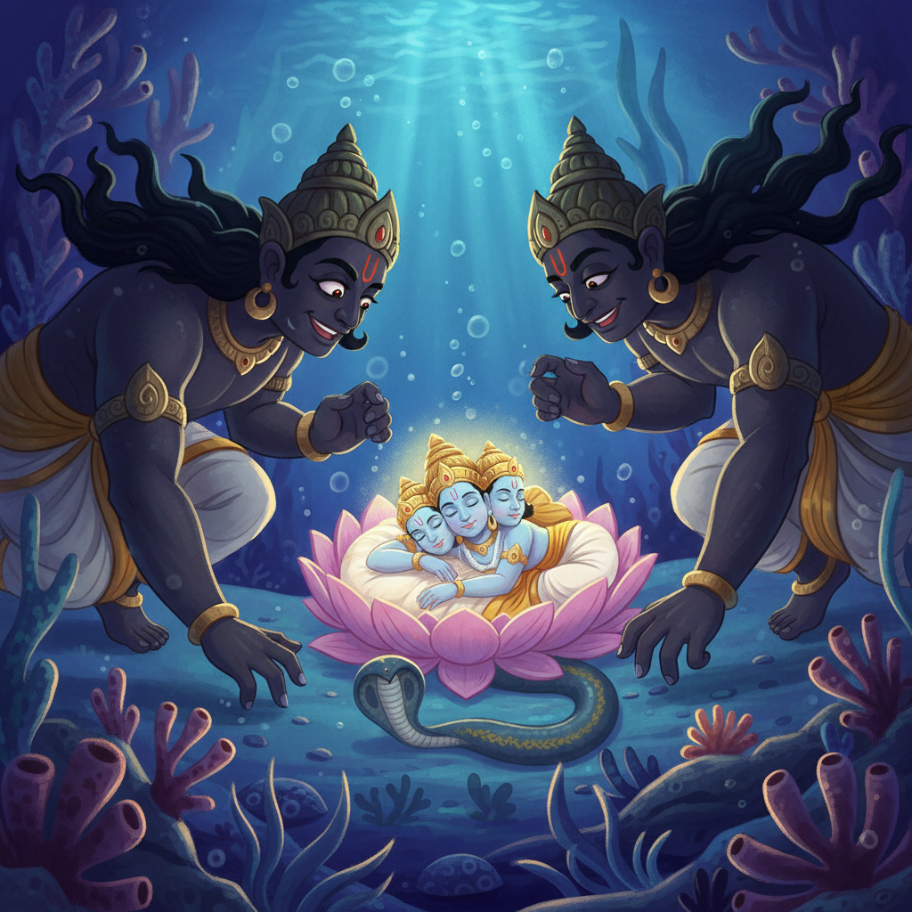 Two dark asuras Madhu and Kaitabh sneaking toward sleeping Brahma