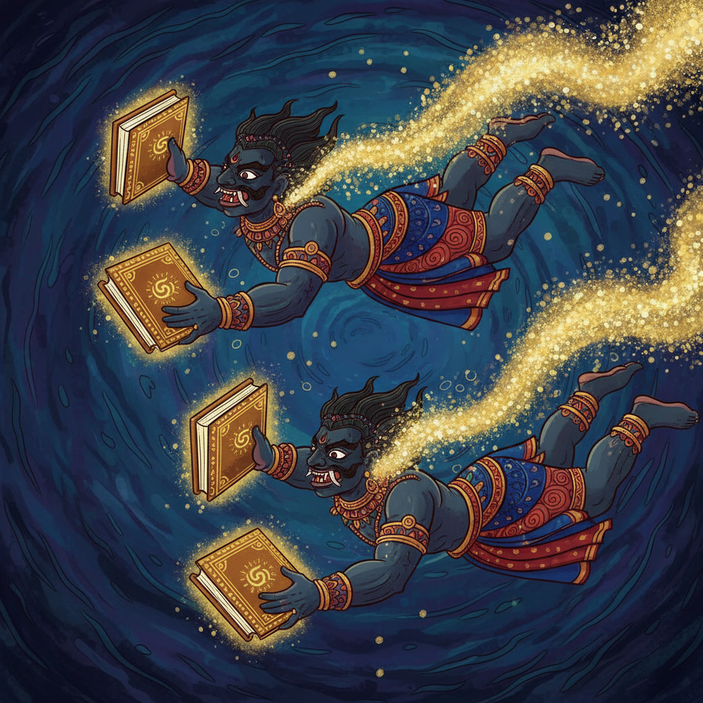 Asuras grabbing the glowing Vedas and swimming away into deep ocean