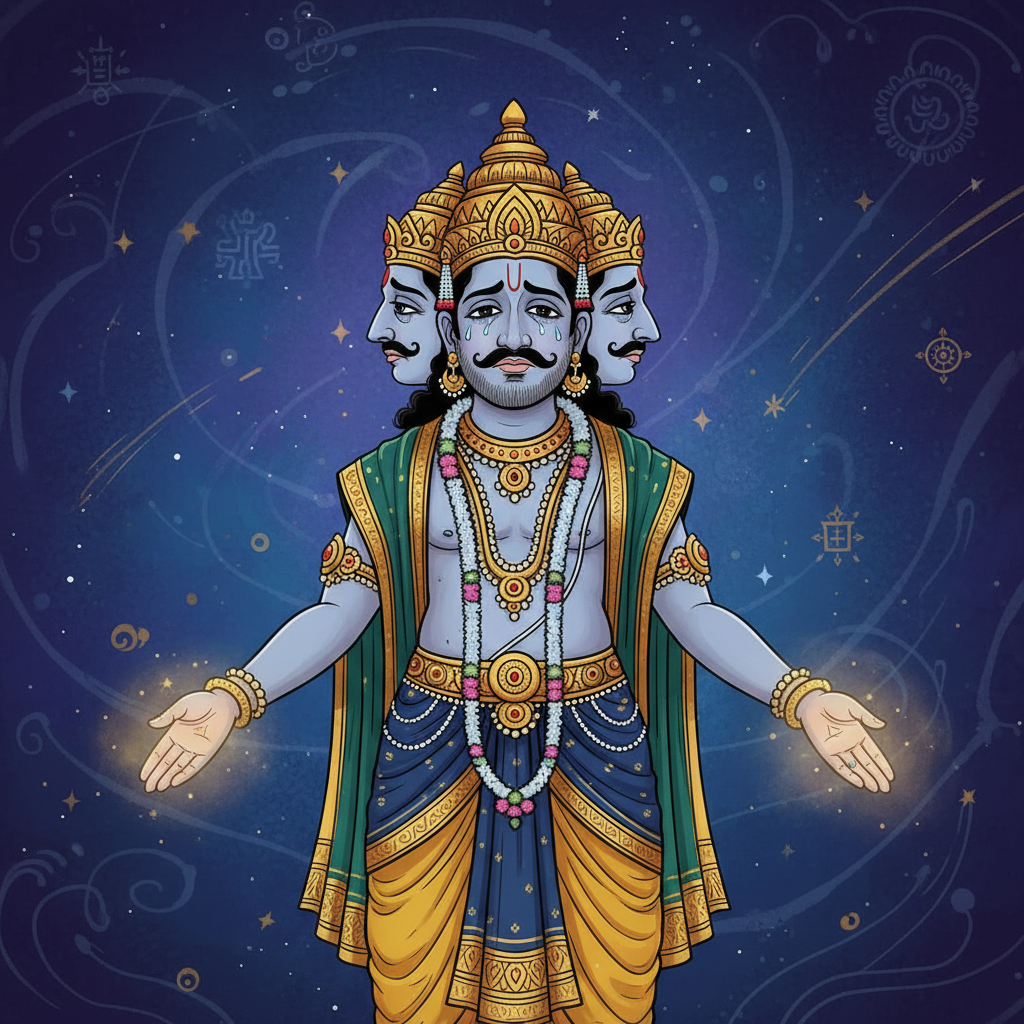 Brahma looking devastated, empty hands glowing faintly