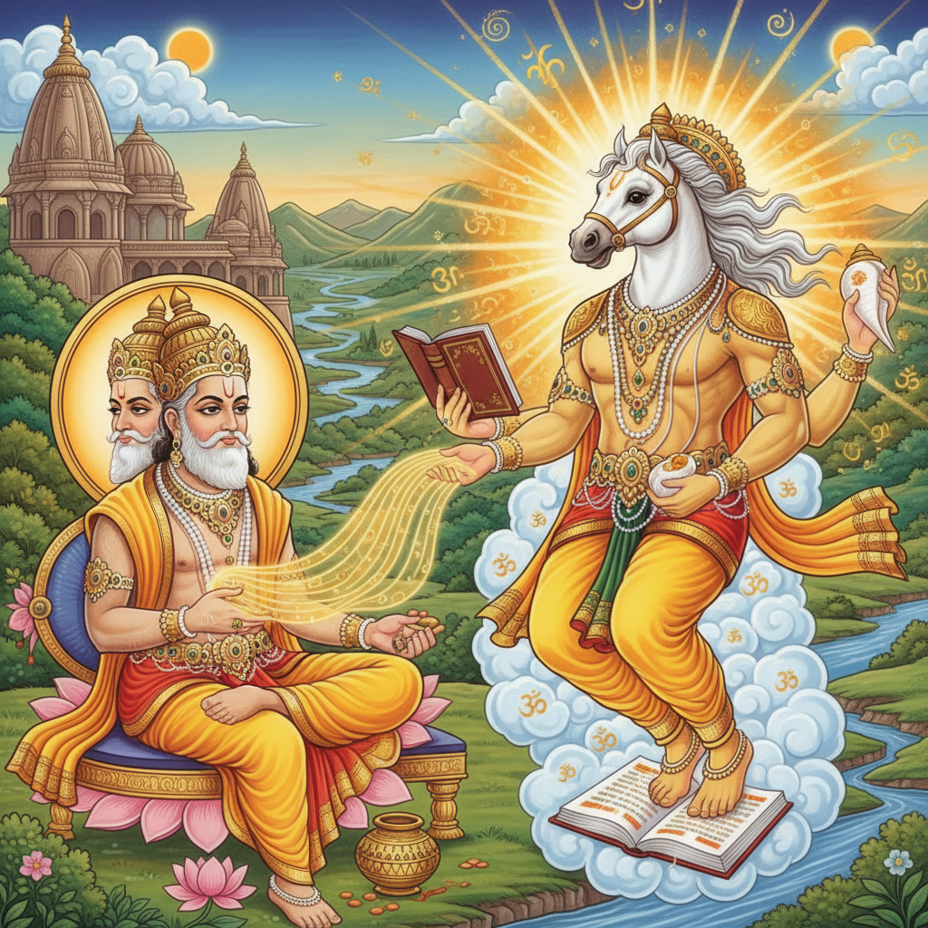 Brahma calling upon Hayagriva - majestic horse-headed figure radiating knowledge