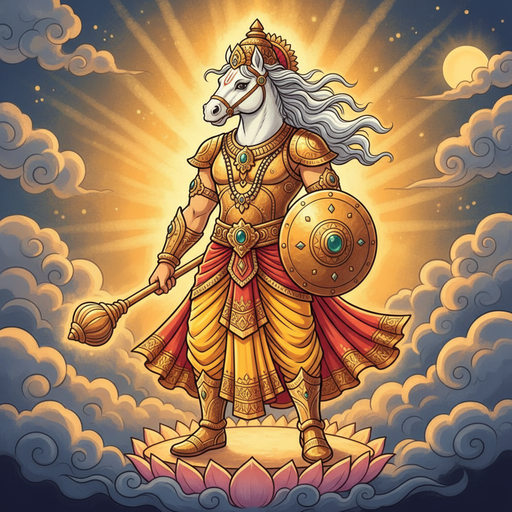 Hayagriva standing tall, glowing with purpose, white and golden