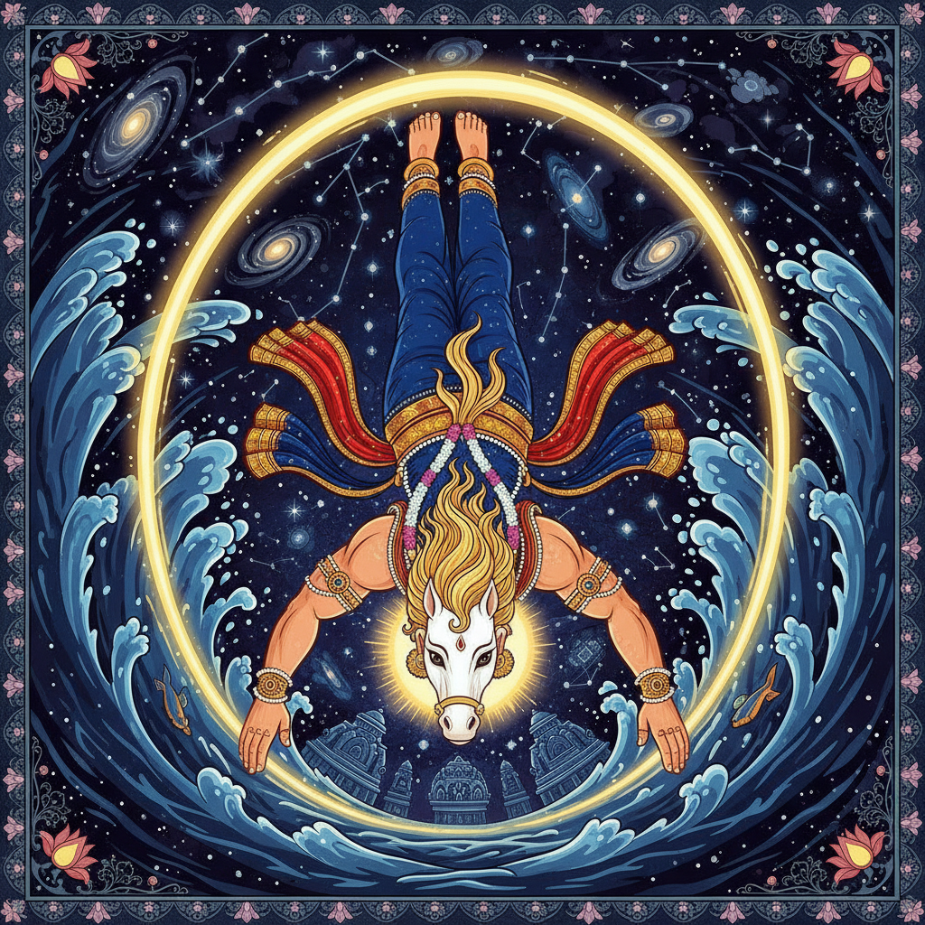 Hayagriva diving into the dark cosmic ocean, golden light around him