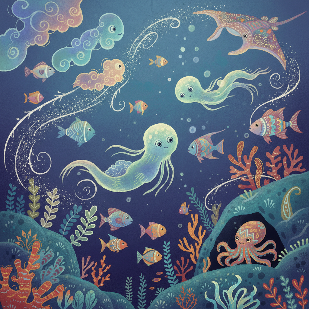 Dark underwater scene with strange illusions and shadows