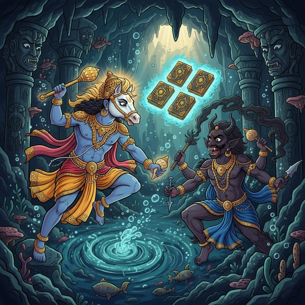 Hayagriva confronting Madhu and Kaitabh in their underwater fortress