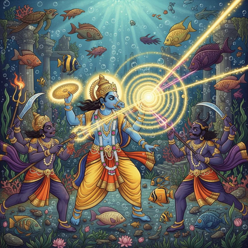 Epic battle - Hayagriva fighting the asuras with divine weapons and light