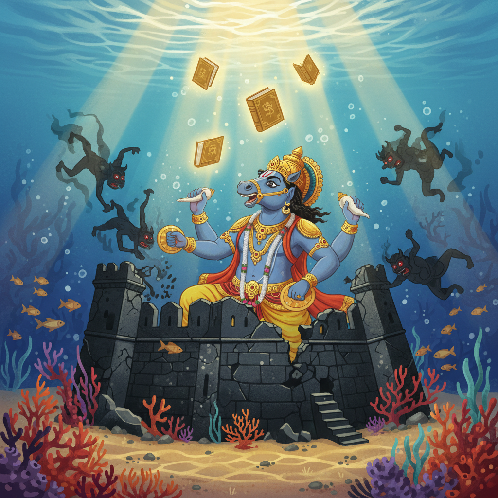 Hayagriva defeating the asuras, breaking their fortress, Vedas floating free