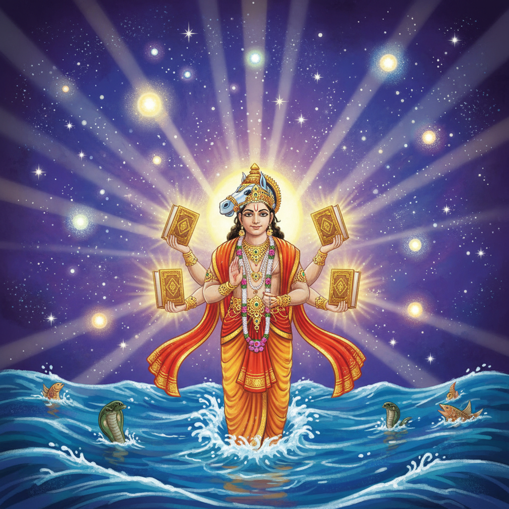Hayagriva emerging from the ocean carrying four glowing Vedas, light returning