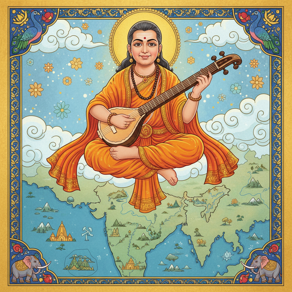 Sage Narada pointing towards India on a map.