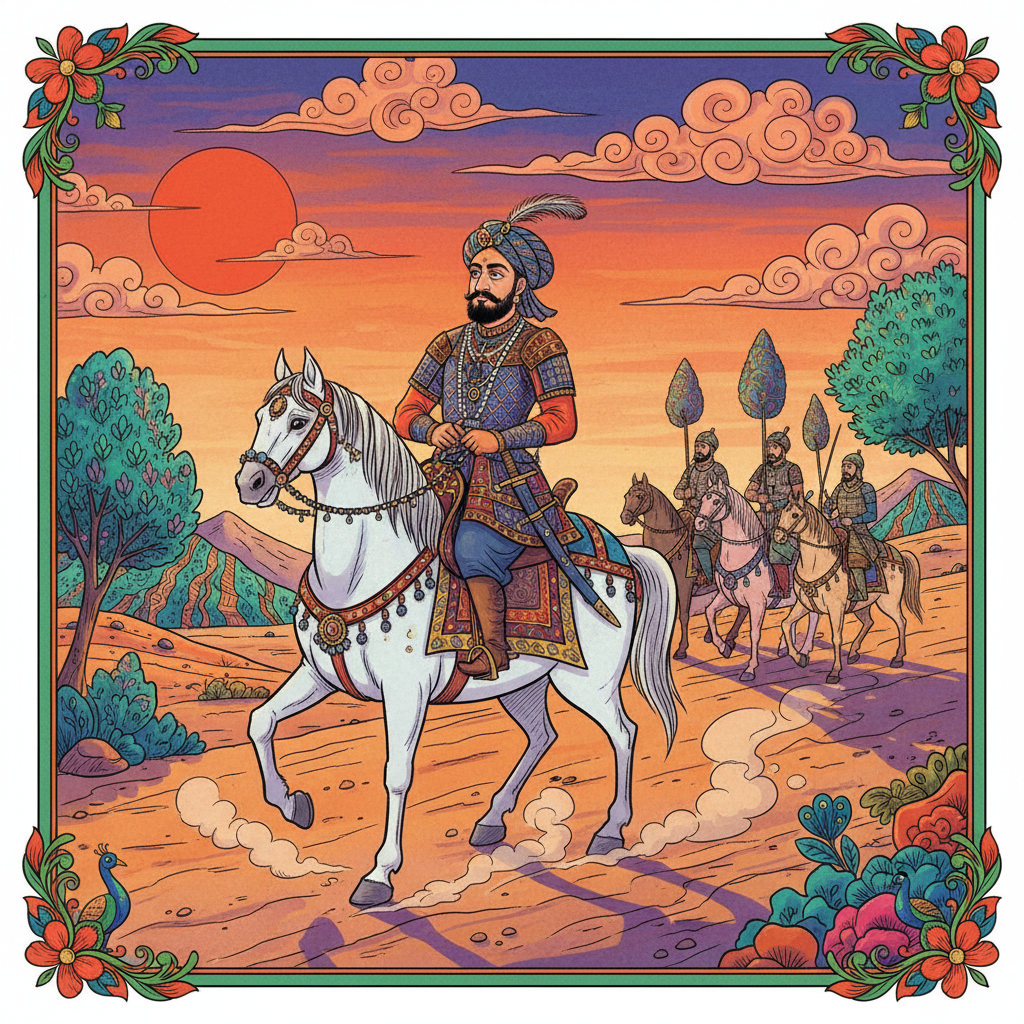Muhammad Ghori riding on a road at sunset.