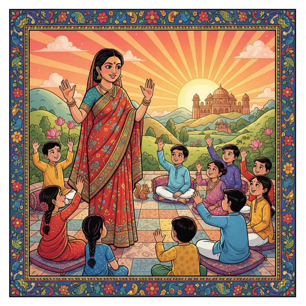 Narrator waving goodbye to happy children.