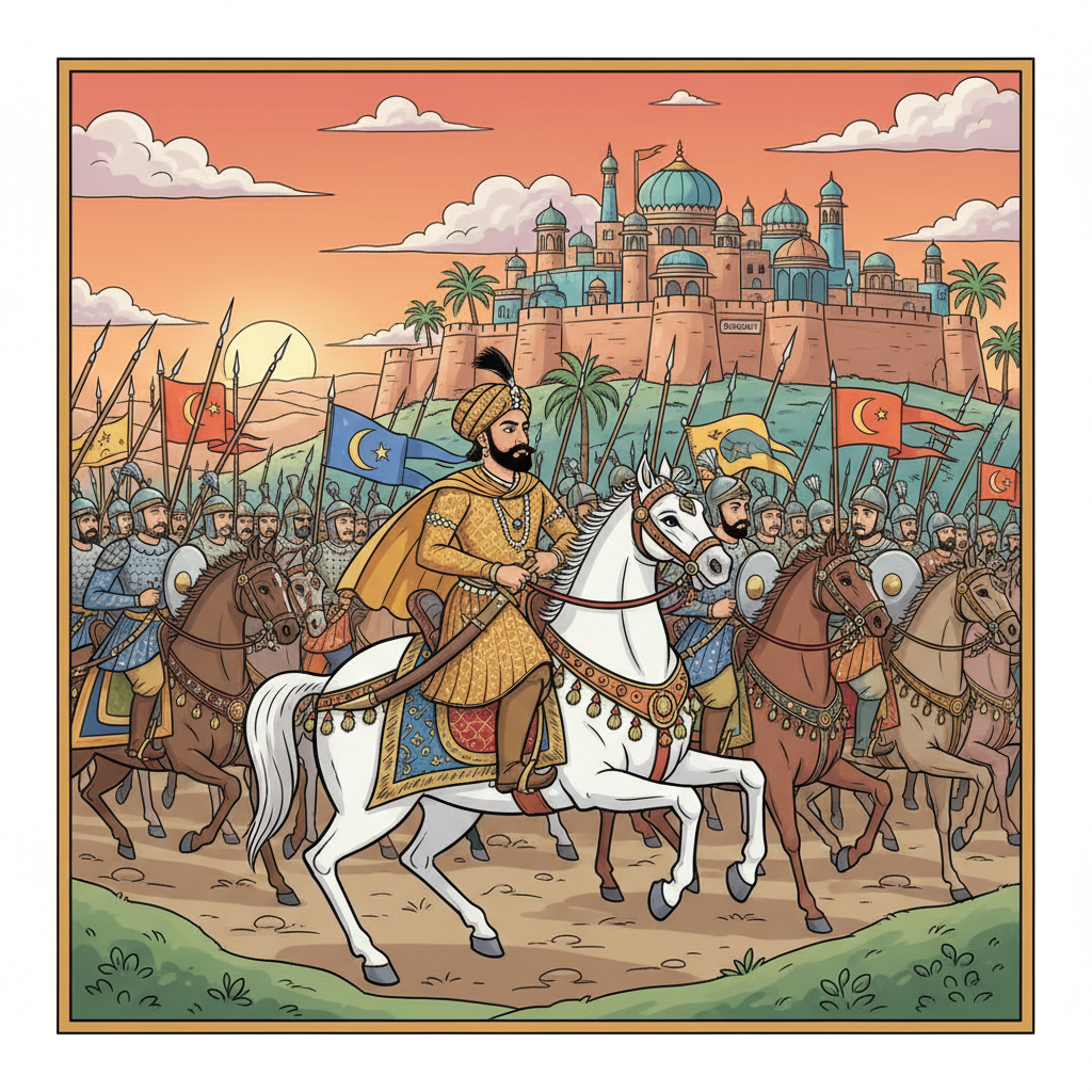 Muhammad Ghori leading his army towards a city.