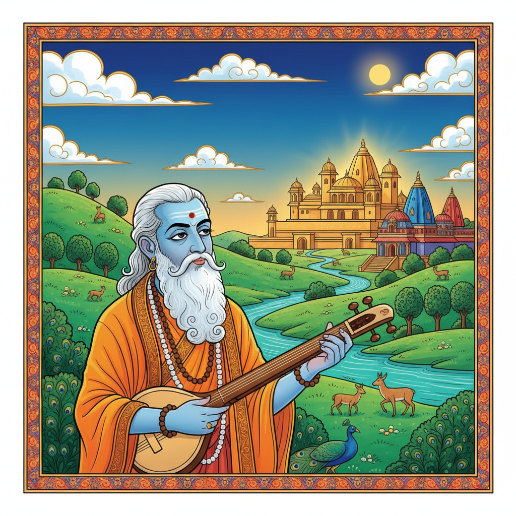 Sage Narada looking at a beautiful Indian landscape.