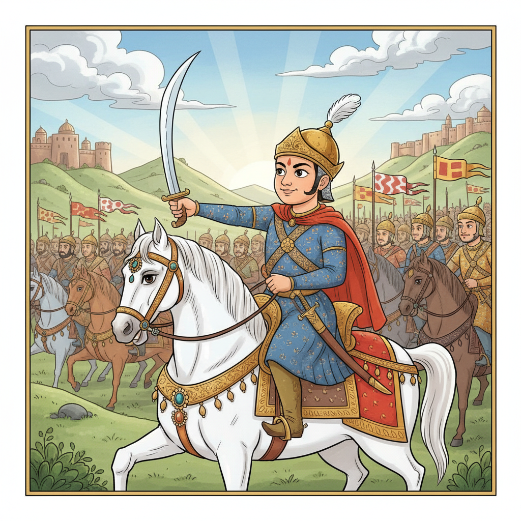 Muhammad Ghori confidently leading his army.